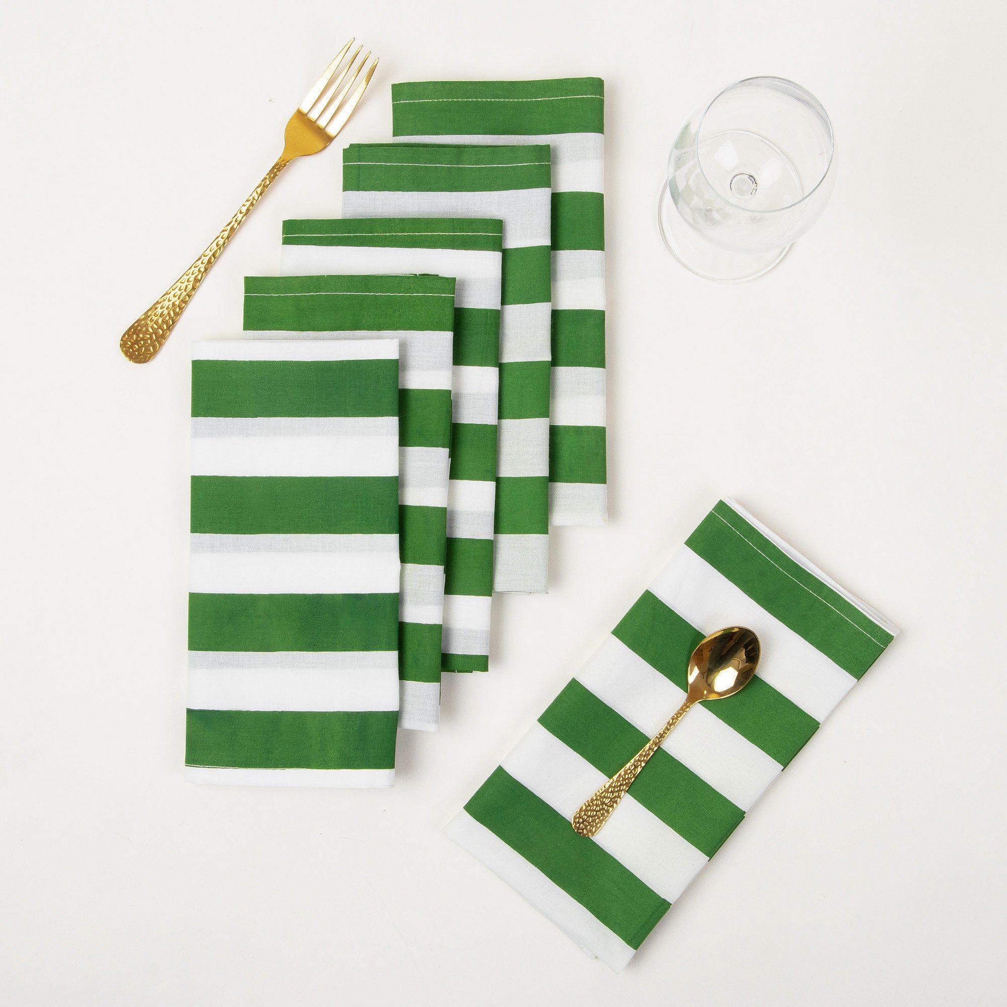 Hand Block Green Stripes Print Cotton Napkin